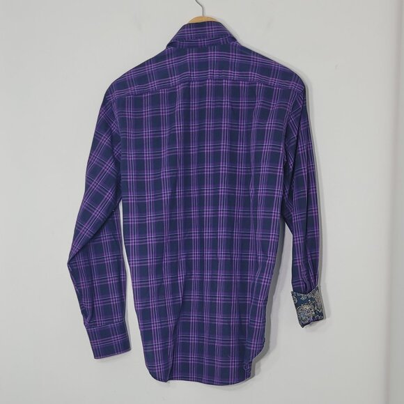 Tailorbyrd Men Purple Navy Blue Plaid Paisley Cuff 100% Cotton Button-Up Shirt S - Picture 2 of 11